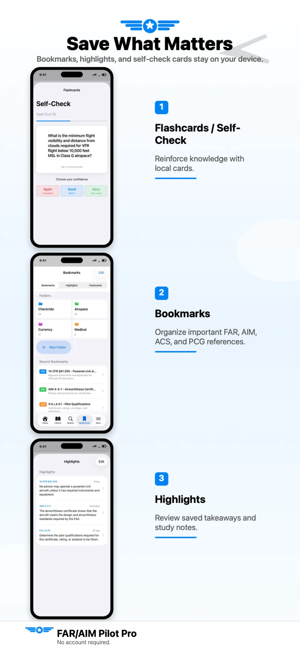 FAR/AIM Pilot Pro: الإشارات المرجعية، والإبرازات، وبطاقات الفحص الذاتي