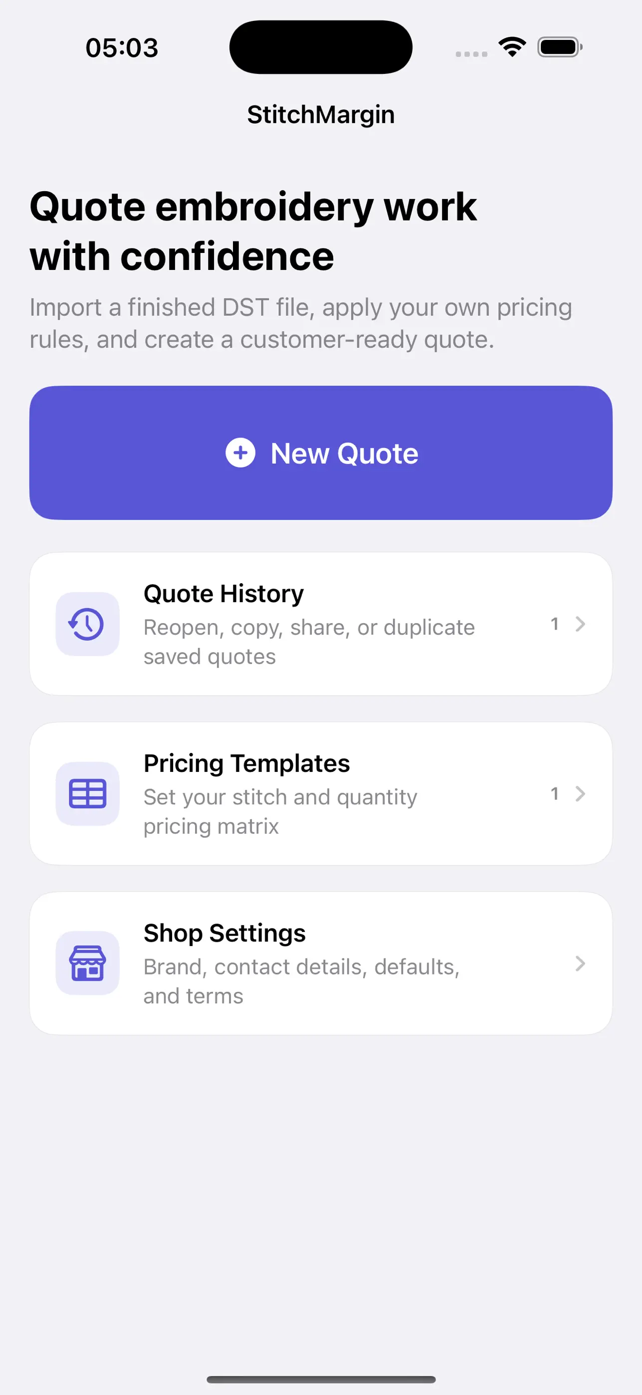 StitchMargin: Quote workspace and recent history