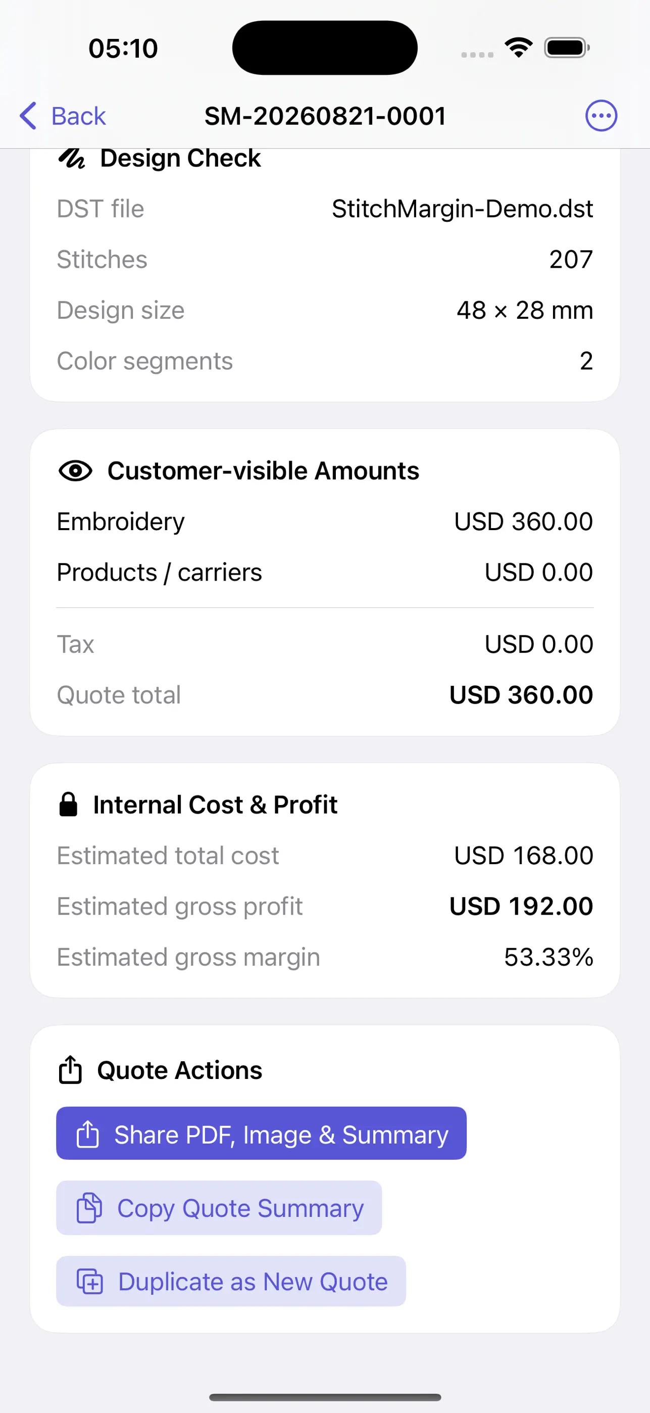 StitchMargin: Customer total and internal estimate review